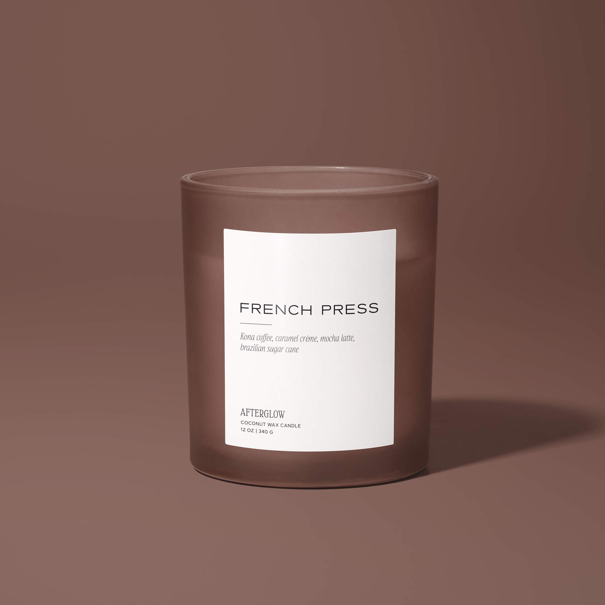 Afterglow's French Press jar candle with a brown background